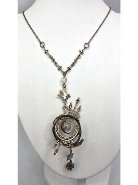 Steampunk-Inspired Vintage Gold Moon Pendant Necklace With Chain & Crystal Accen